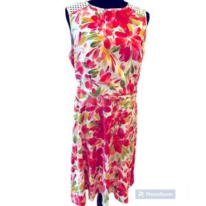 Vivid Pink/Gold/Green Floral Sleeveless Dress on White by Dress Barn.  Size = 16